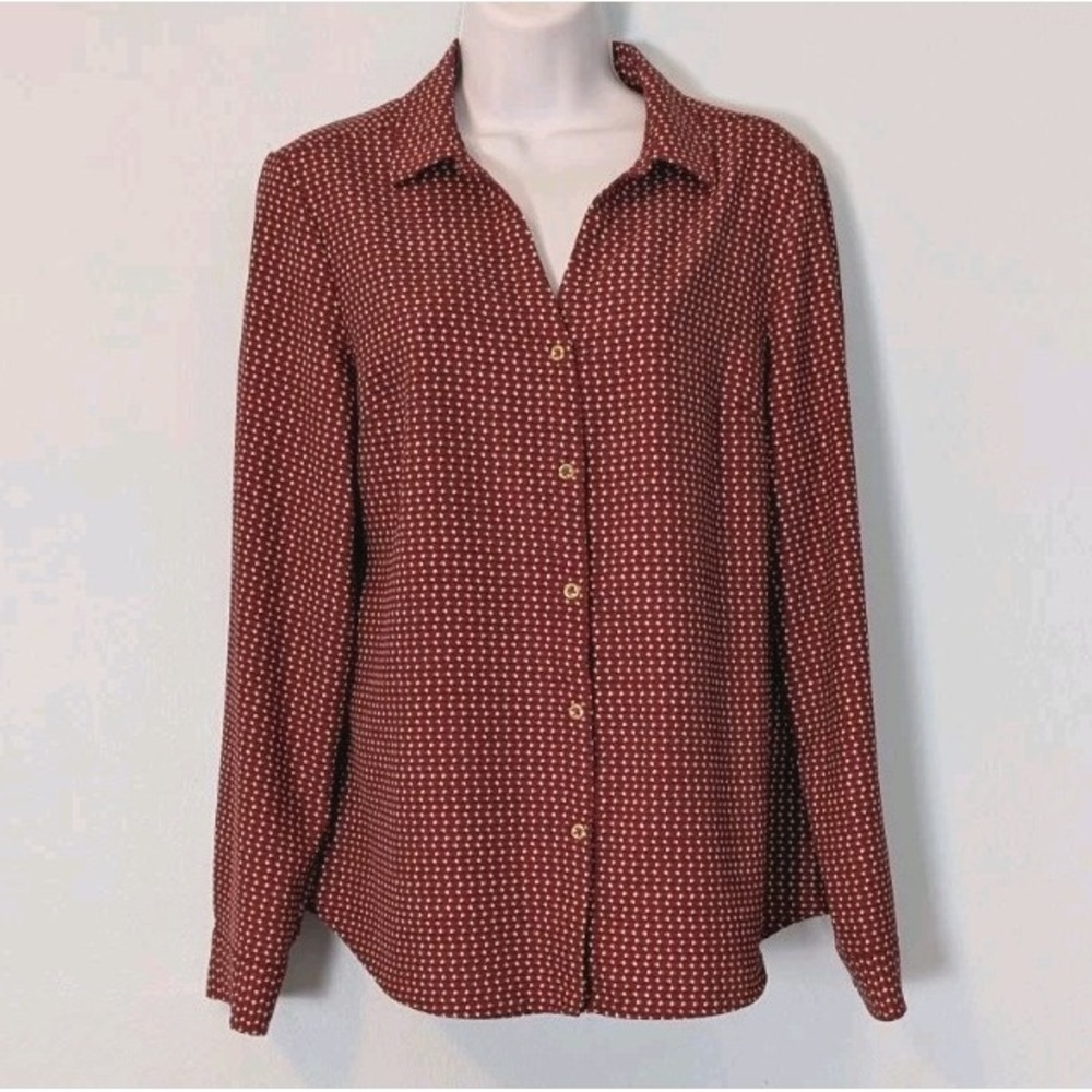 Roz & Ali Button Up Blouse Women's Medium Burgundy Print Long Sleeve Career